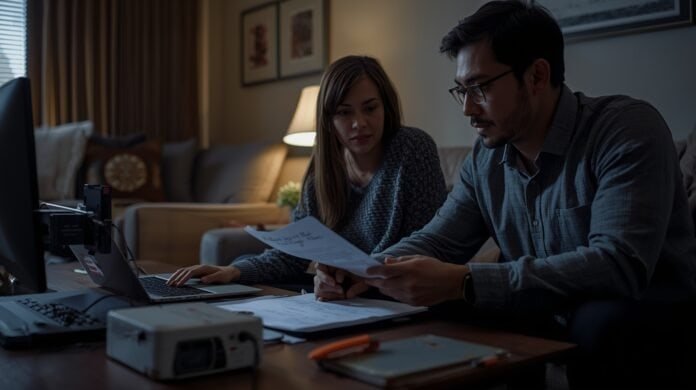 Family reviewing a medical power outage plan with backup power equipment during an emergency scenario