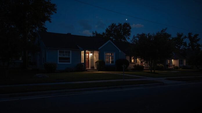 Residential home without power at night while neighboring houses remain lit during a localized outage