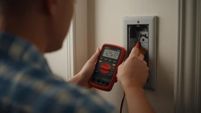 Homeowner using a multimeter safely to check an electrical outlet during troubleshooting