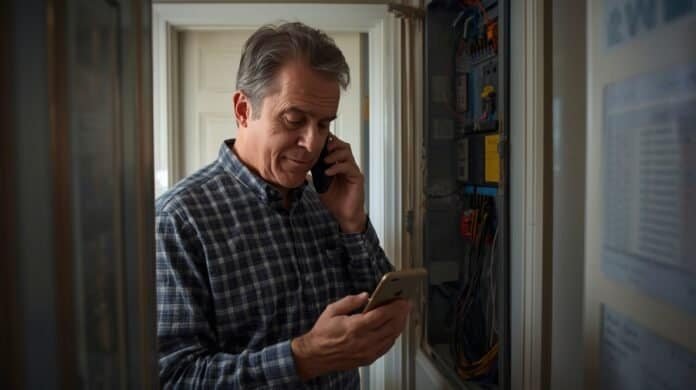 Homeowner on phone contacting an electrician after experiencing electrical issues following a power outage