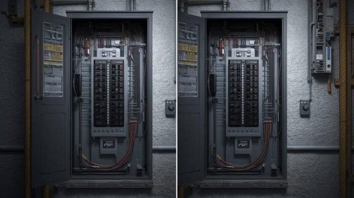 Home electrical panel showing generator connection options for backup power safety comparison