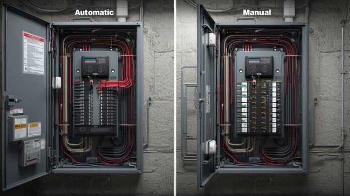 Residential electrical panel with transfer switch options for generator backup power comparison