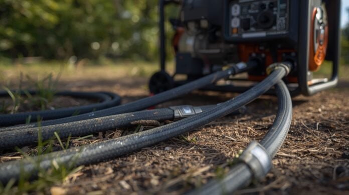 Heavy-duty outdoor extension cords connected to a portable generator during a power outage