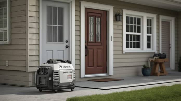 Portable generator placed safely away from a house during a power outage to reduce carbon monoxide risk