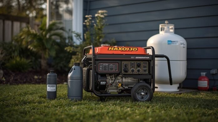 Portable generator with fuel options representing gasoline and propane for home backup power