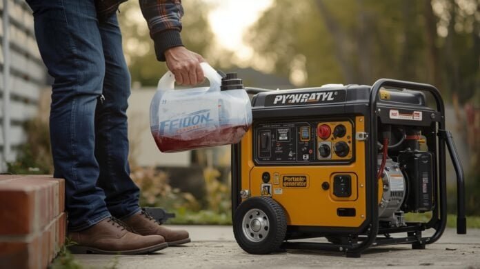 Homeowner refueling a portable generator outdoors after it has cooled down