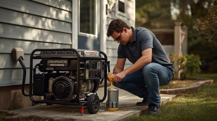 Homeowner checking generator oil level during routine maintenance with no visible branding