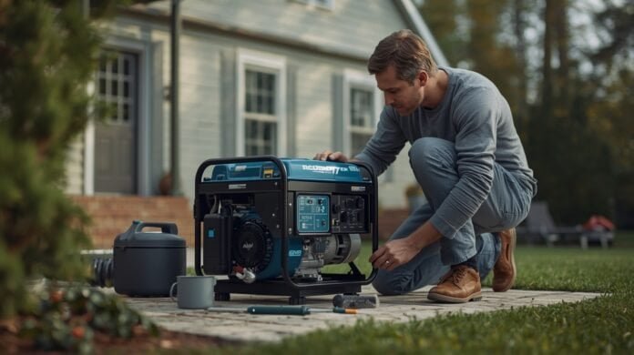 Homeowner performing routine generator maintenance outdoors before storm season