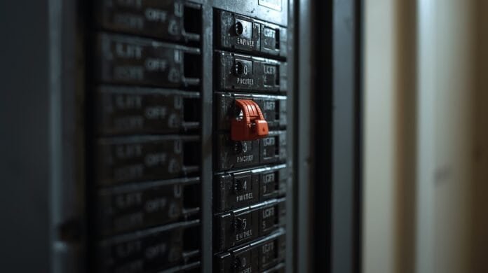 Residential electrical breaker panel with a breaker in the tripped position after an outage
