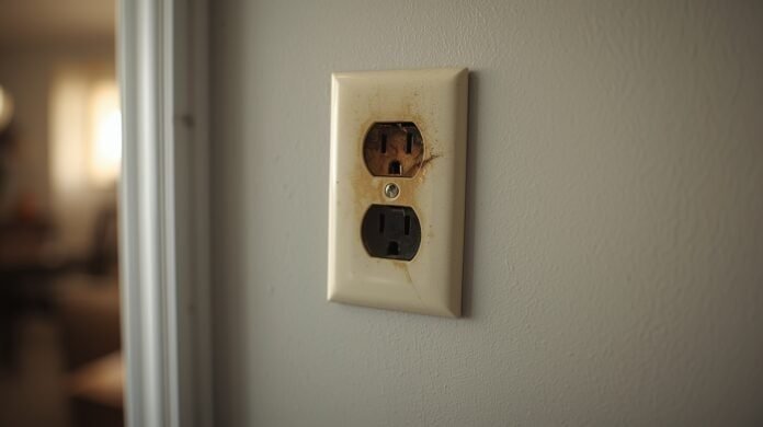 Residential electrical warning signs after power restoration, including damaged outlets and breaker panel concerns