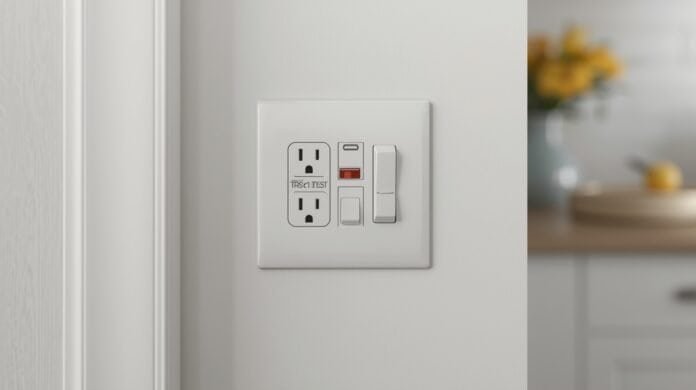 GFCI outlet with test and reset buttons in a U.S. home kitchen