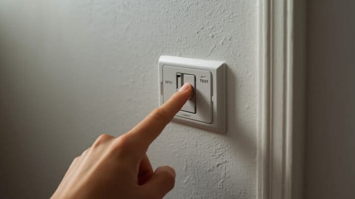 Hand pressing reset on a U.S. GFCI outlet in a home with soft natural light