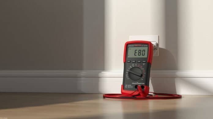 Home electrical outlet with a multimeter nearby, not actively testing
