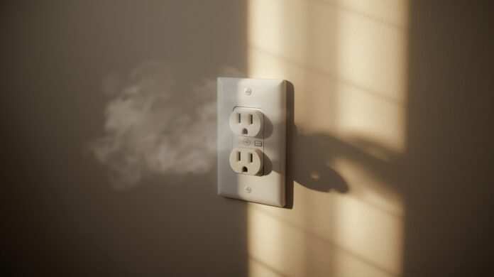 Home interior with an electrical outlet and faint smoke suggesting a burning smell after an outage