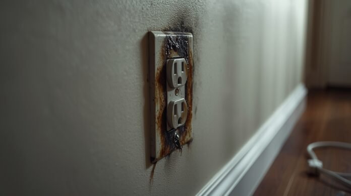 Electrical wall outlet with visible scorch marks and discoloration on the surrounding wall