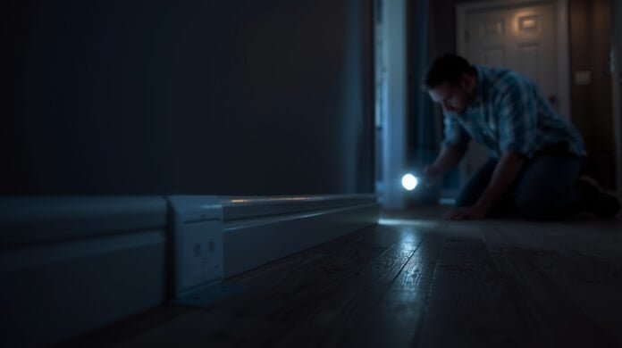 Homeowner inspecting a wall outlet with a flashlight, suggesting hidden wiring issues inside the wall