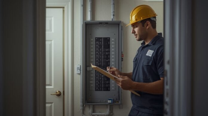 Electrician standing near a residential breaker panel preparing for a home electrical inspection