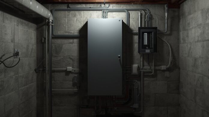 Residential electrical panel with grounding wires visible inside a home utility area