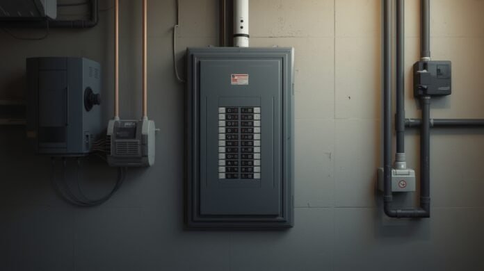 Older residential breaker panel showing signs of age inside a home utility area