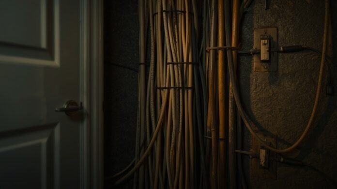 Residential electrical wiring inside a wall showing heat-stressed insulation near multiple connected conductors