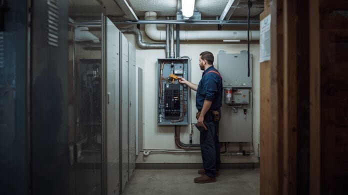 Licensed electrician inspecting a residential electrical panel for fire risk