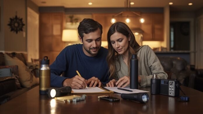 Family reviewing emergency plans and supplies inside a home before a storm