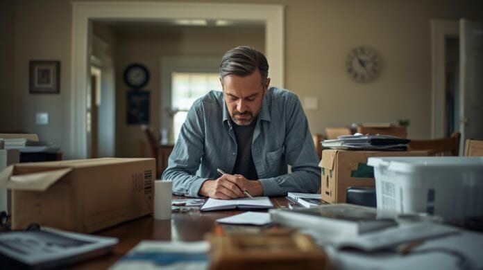Homeowner reviewing emergency supplies and plans inside a home before storm season