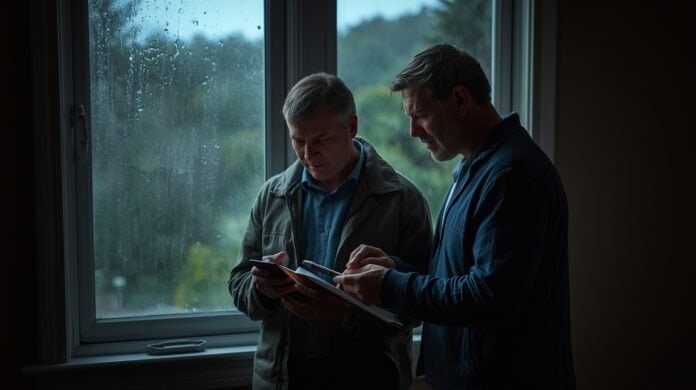 Homeowners discussing whether to stay or leave a home during severe weather and a power outage