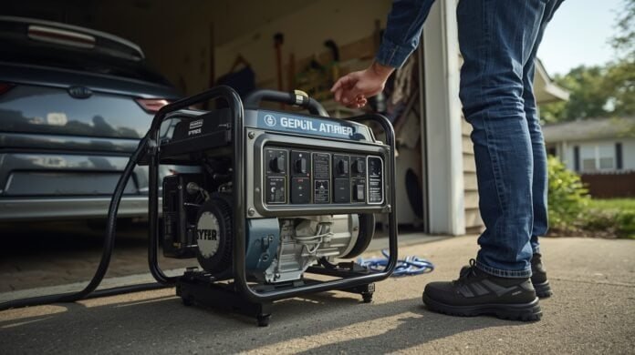 Homeowner checking a portable generator that will not start during a power outage