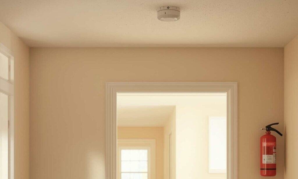 Living room with smoke detector, CO detector, and fire extinguisher visible as key home safety features.
