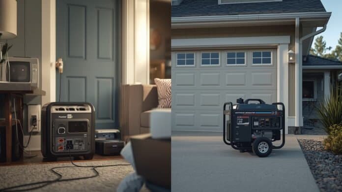 Portable power station and generator shown in residential settings for backup power comparison