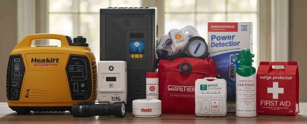 Neatly organized home preparedness products including generator, power station, smoke detector, flashlight, and first aid kit on table.