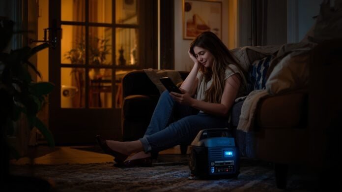 Homeowner calmly using essential devices powered by a solar generator indoors during an outage