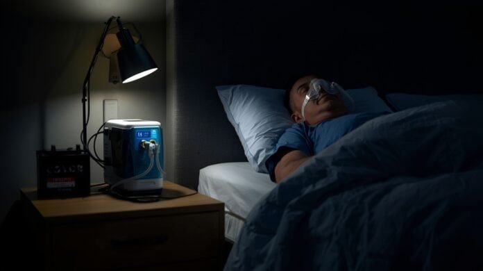 CPAP machine powered by a battery backup during a nighttime power outage