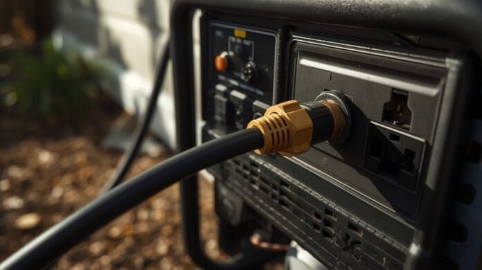 Heavy-duty extension cord connected to a portable generator outdoors, showing proper gauge and placement