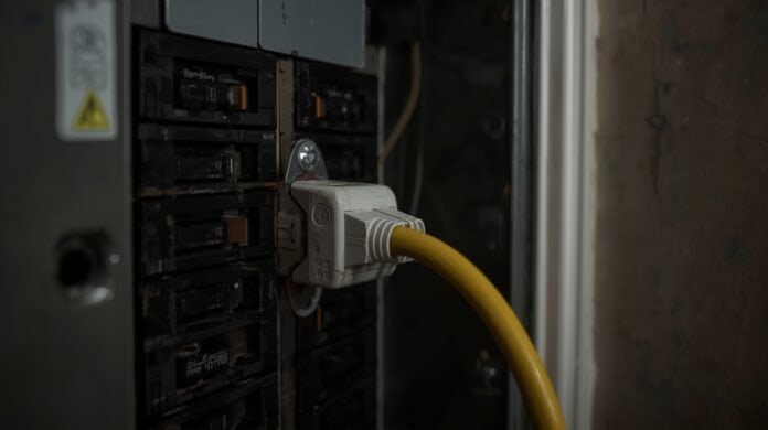 Home electrical panel with extension cord connected improperly, illustrating generator backfeeding danger