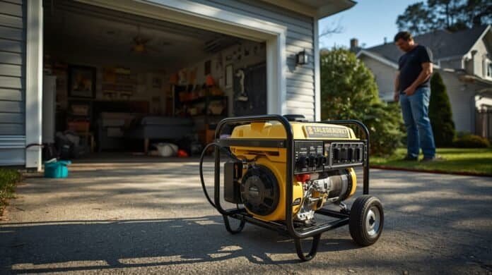Portable generator shutting off while a homeowner inspects it outdoors near a garage
