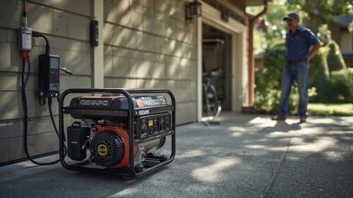 Portable generator running outdoors with no electrical output while a homeowner checks connected devices
