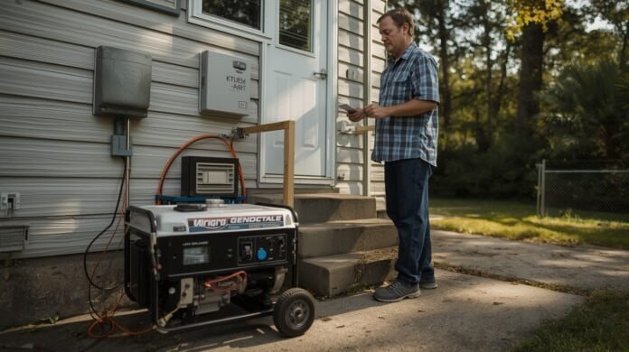 Homeowner inspecting a portable generator control panel while the engine runs unevenly outdoors