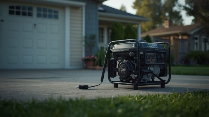 Portable fuel generator running outdoors near a home during a power outage