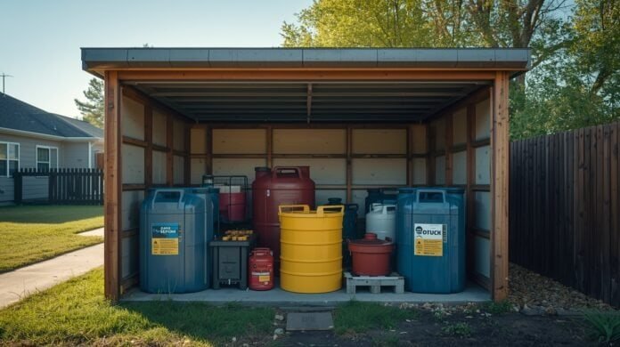 Approved fuel containers stored safely in a ventilated outdoor shed away from a home