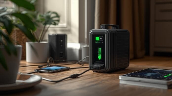 Portable power station indoors powering household devices with battery level dropping rapidly