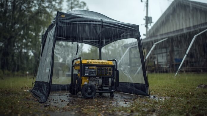 Portable generator operating outdoors under a weather canopy during light rain with safe clearance