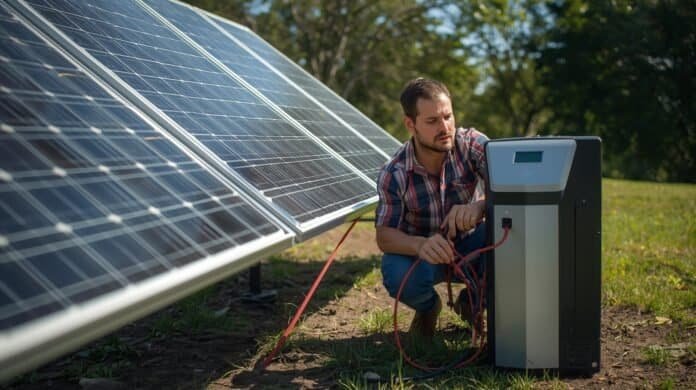 Homeowner checking solar panel connections on a portable solar generator outdoors