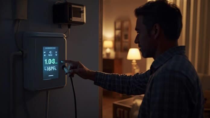 Homeowner monitoring battery level on a solar power station during an extended outage