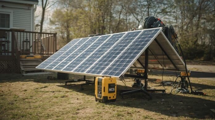 Portable solar power station with foldable solar panels set up outdoors near a home