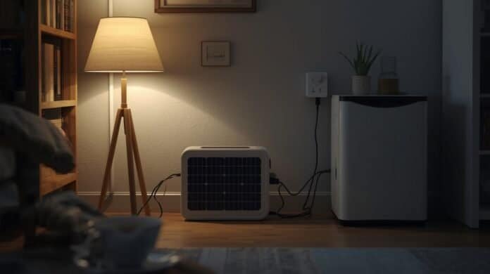 Portable solar power station running essential household devices indoors during an outage
