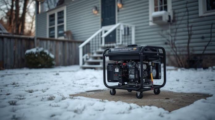 Portable generator operating outdoors near a home during snowy winter conditions