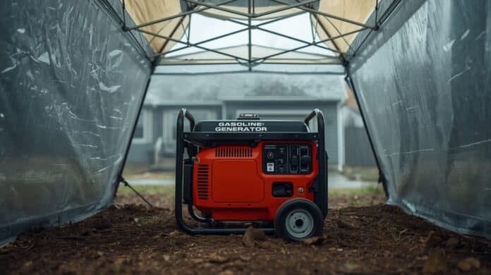 Portable generator outdoors with a purpose-built open-sided weather tent allowing ventilation