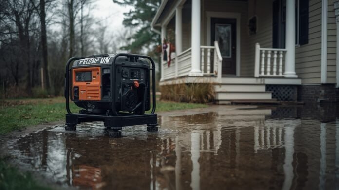 Portable generator elevated above shallow standing water outdoors near a home after flooding